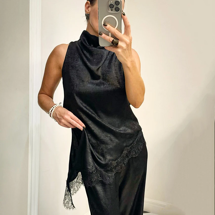 Linad أنيقة الدانتيل غير النظامية الياقة المدورة تانك القمم الشارع شيك الأسود سترة دون أكمام الإناث موضة المرقعة كاميس 2026 الربيع #4