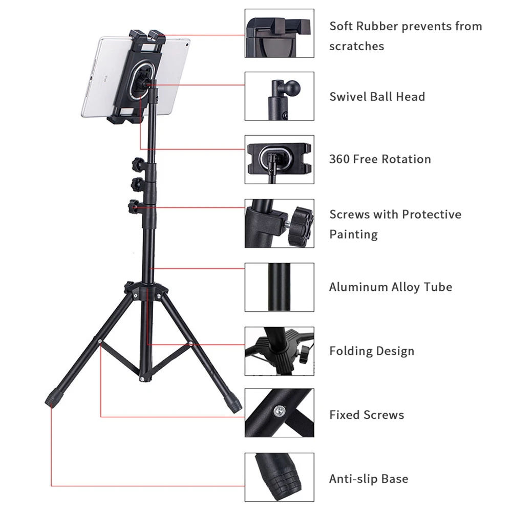 Unho Tripod iPad Floor Stand for 4-12.9-Inch Phone Tablet, 360° Swivel & 68-Inch Height, Retractable