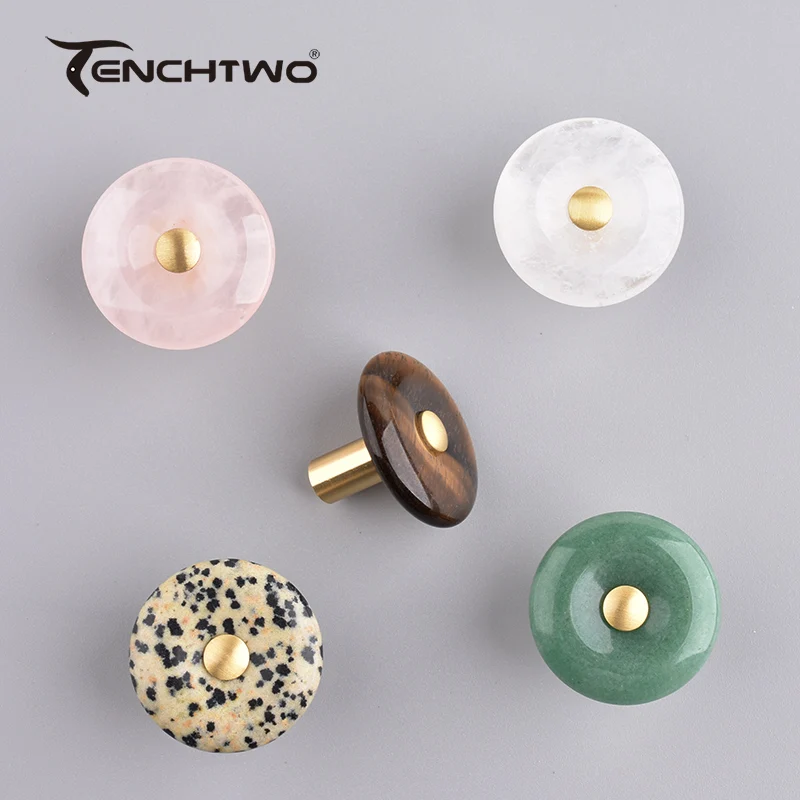 

TENCHTWO Agate Stone Crystal Furniture Handle Wardrobe Brass Drawer Door Knob Kitchen Cupboard Cabinet Pull Single Hole Circular
