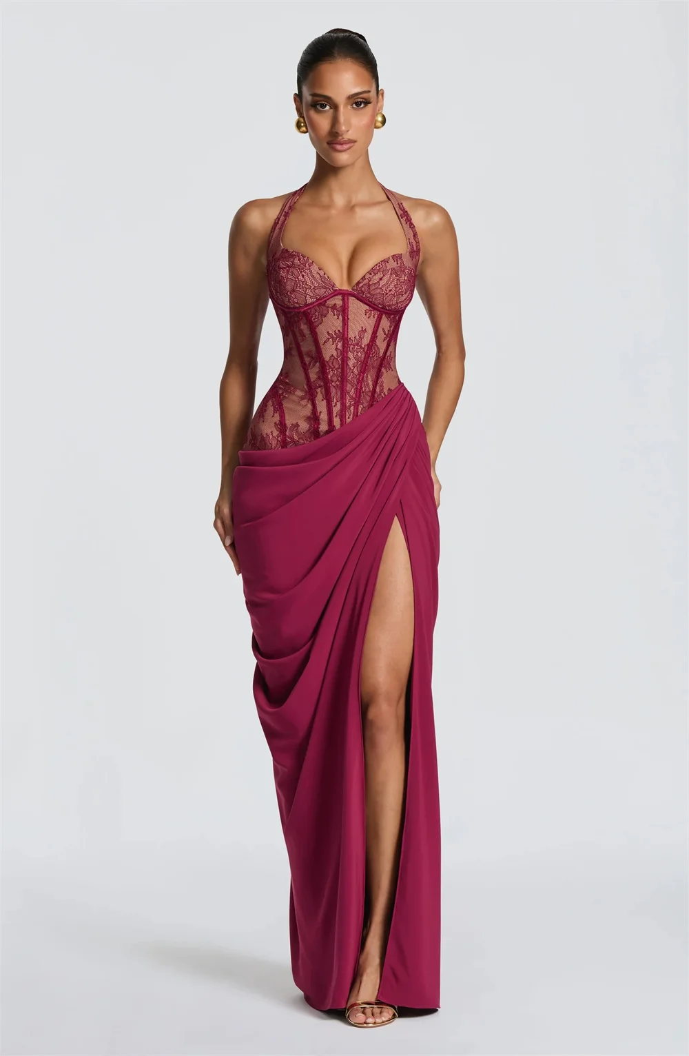 Vestidos de Noche Contessa Personalizados en Magenta, Vestidos de Fiesta Sexys con Cuello Halter, Bordado de Encaje, Plisados y Abertura Lateral Alta