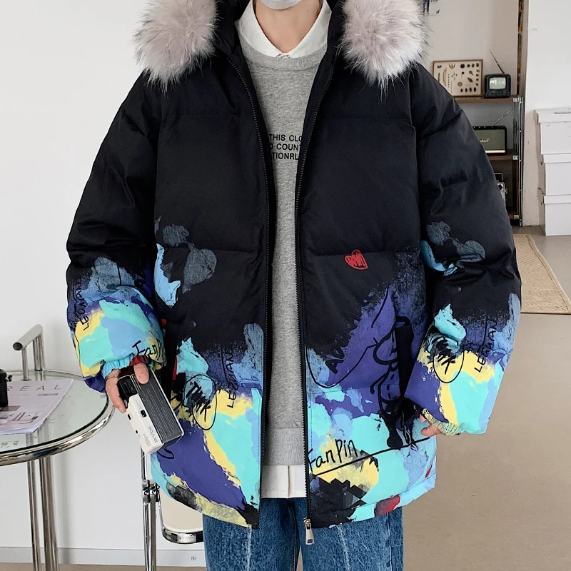 

Fashion Men's Graffiti Hooded Cotton-Padded Jackets 2024 Winter Youth Fur Collar Detachable Thick Parkas Outwear Loose Down Coat