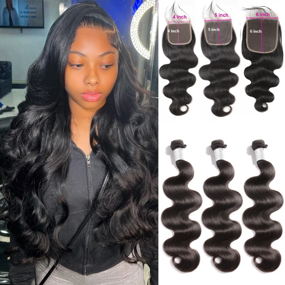 Rucycat Body Wave Human Hair Bundles With Closure 6x6 Brazilian Hair Weave 3 Bundles With 4x4 5x5 Lace 10A Natural Black Bundles