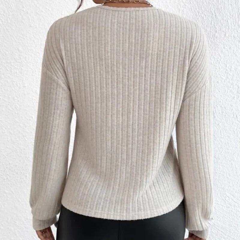 Autumn and Winter Women\'s Pullover Solid V-Neck Cross Lantern Long Sleeve T-shirt Sweater Knit Fashion Office Lady Casual Tops