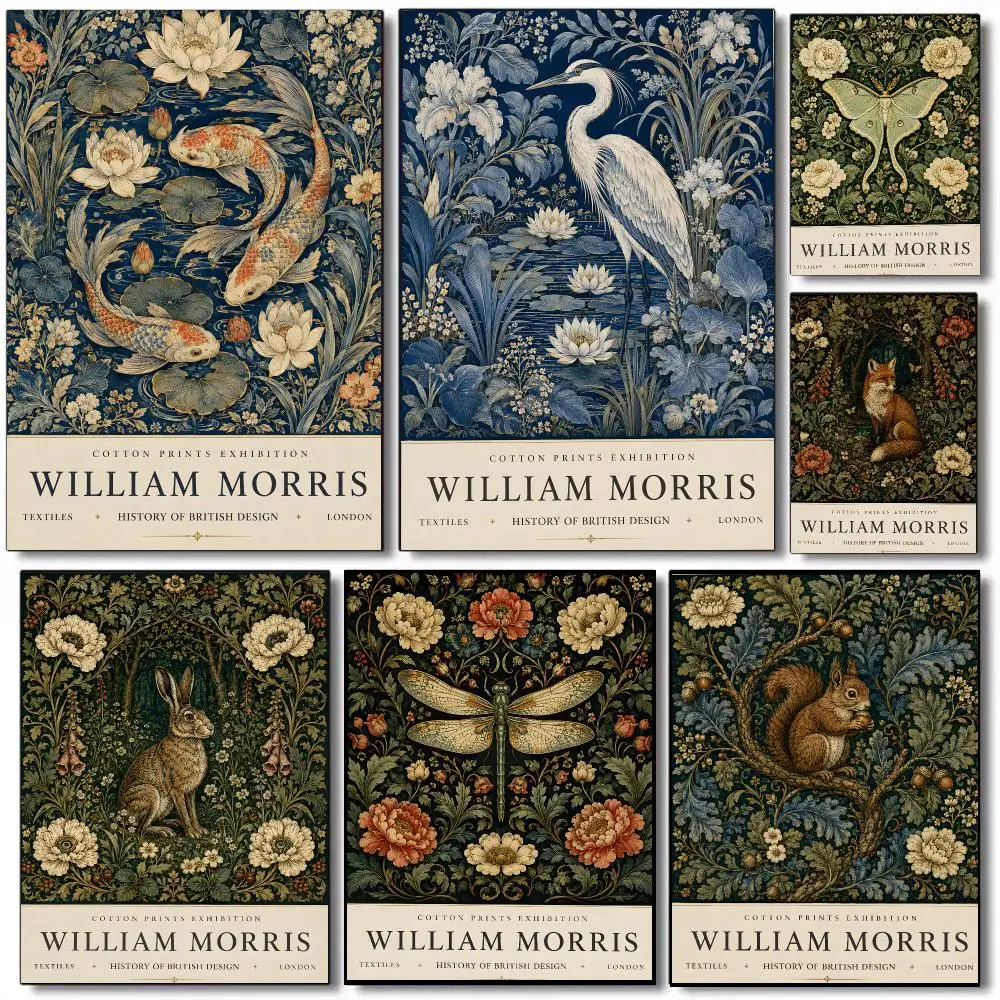 William Morris Vintage Floral Animal Poster Self-adhesive Advanced Aesthetic Printing Paper Wall Art for Living Room Home Decor