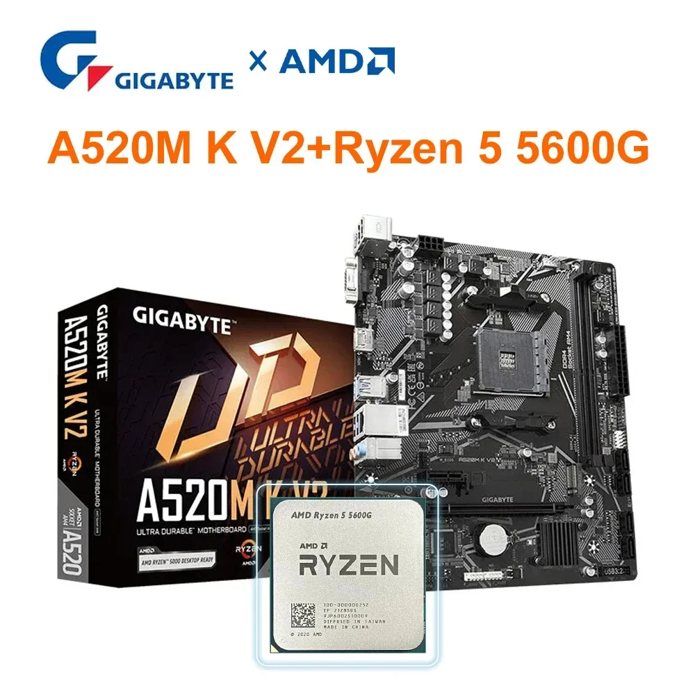 AMD Ryzen 5 5600G + GIGABYTE A520M K V2 مجموعة وحدة المعالجة المركزية للوحة الأم DDR4 64GB 5100(O.C.) مجموعة مقبس AM4 Micro-ATX 5600G+A520