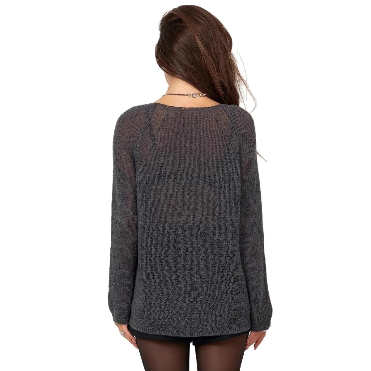 Winter Hollow Out Top with Openwork Ultra Thin Women Sweater Loose Fit Long Sleeve Elegant Business Mid Length Office Style