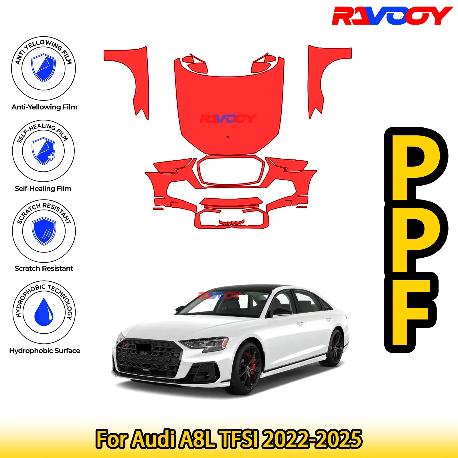 

For Audi A8L TFSI 2022-2025 Glossy Matte Black Precut front PPF Kit Paint Protection Film
