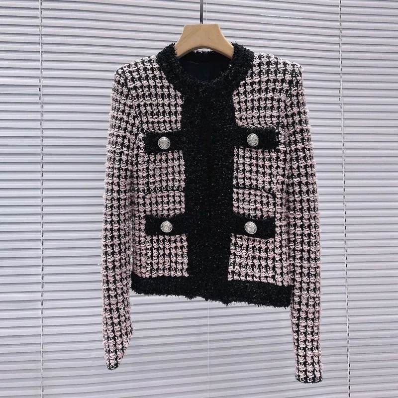 【CHUJIE】 سترة صوفية قصيرة على الطراز الفرنسي الجديد لخريف وشتاء 2025، متعددة الاستخدامات وكتلة الألوان منقوشة برقبة دائرية