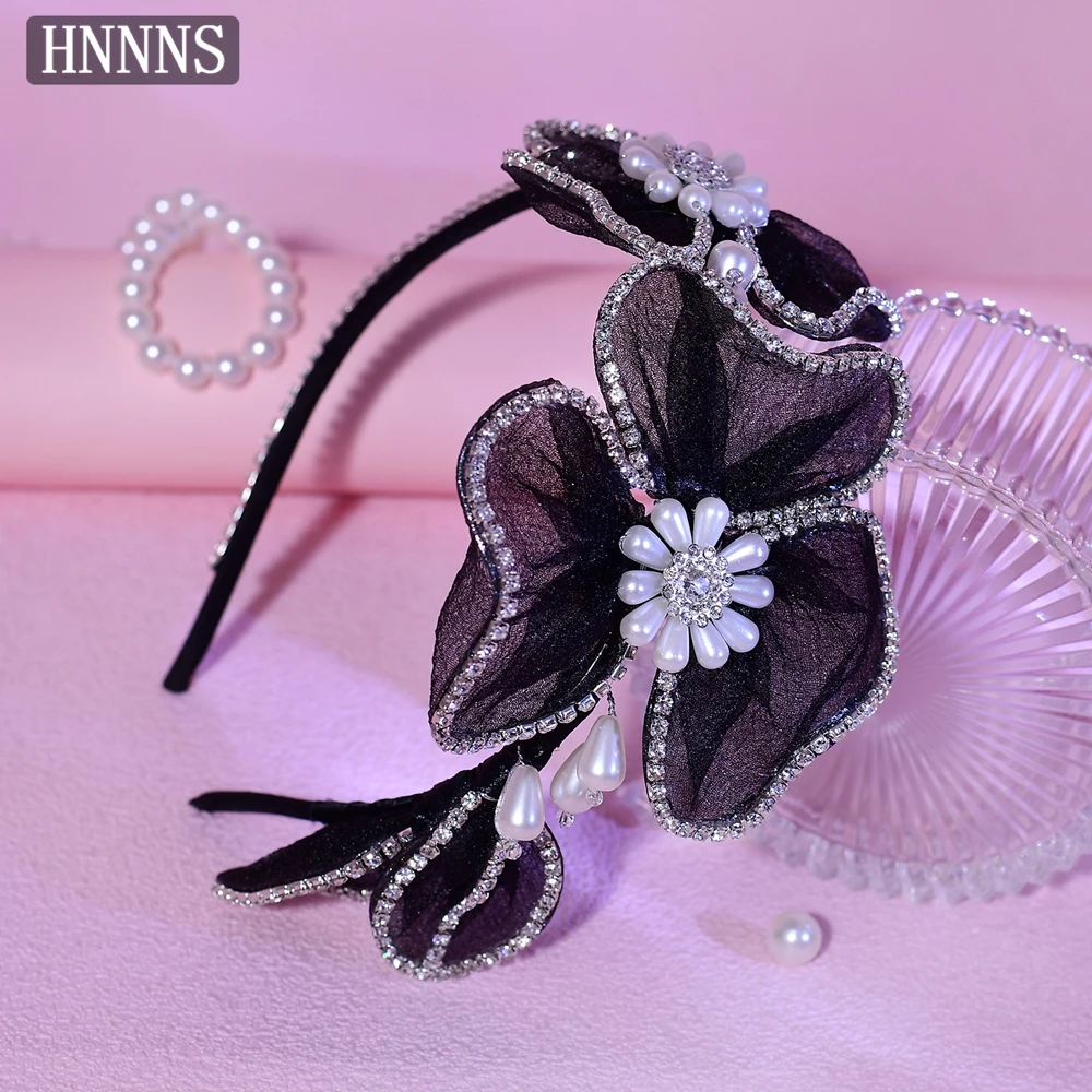 

HNNNS Fashion Mesh Flower Headband Pearl Rhinestone Hairband Charming Women's Headdress Headwear As Gifts For Girlfriend A345