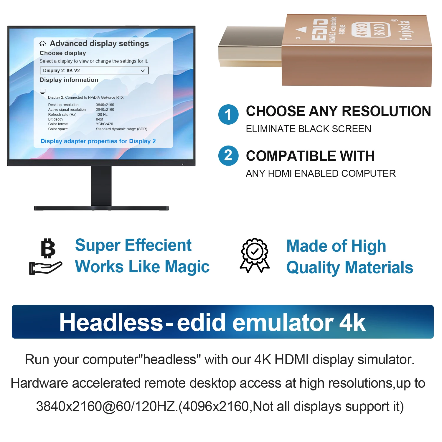 HDMI 2.1 Dummy Plug | 4K 120Hz & 8K 30Hz Virtual Display Emulator | Headless Ghost Adapter for PC, VR, Mining Rig - Image 4