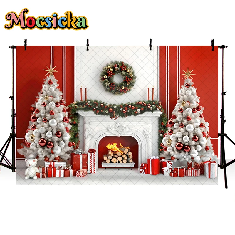 Christmas Decoration Background Photography Fireplace Xmas Tree Holiday Party Family Party Child Family Photo Backdrop Studio