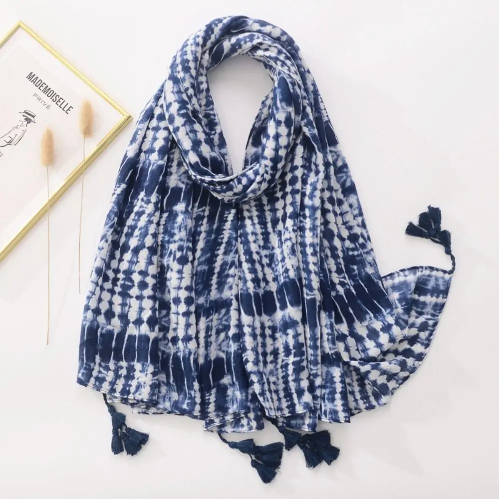 

Simple Printing Shawl Ethnic Style Scarf Cotton Linen Blue White Bandhnu Large Shawl Neck Wraps Bohemia Print Tassel Scarf Girl