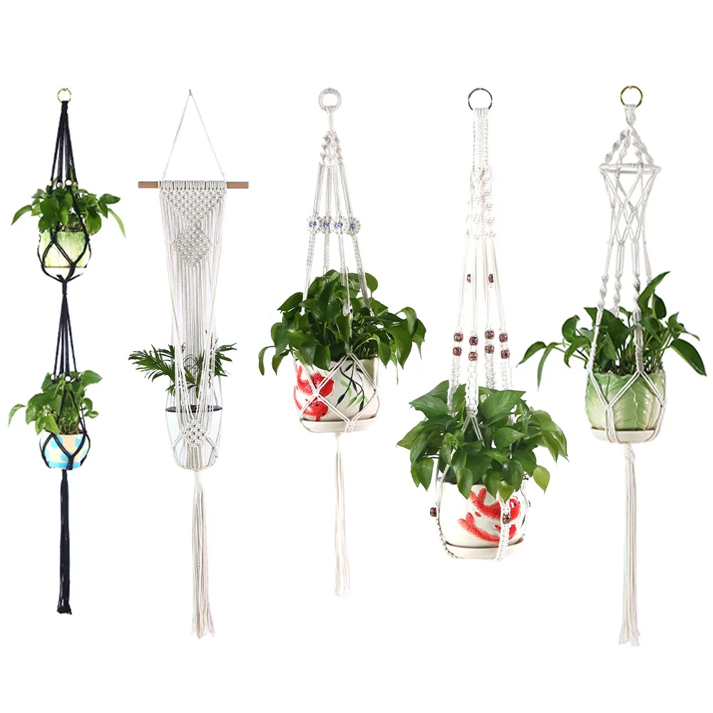 1Pcs Macrame Plant Hanging Basket Cotton Rope Hanger Flower Pot Handmade Macrame Pot Pocket Wall Boho Courtyard Home Decor