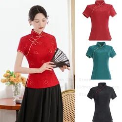 Chinese Style Qipao Top Lady Elegant Lace Flower Cheongsam Shirt Tradition Mandarin Collar Tang Clothes Short Sleeve Blouse