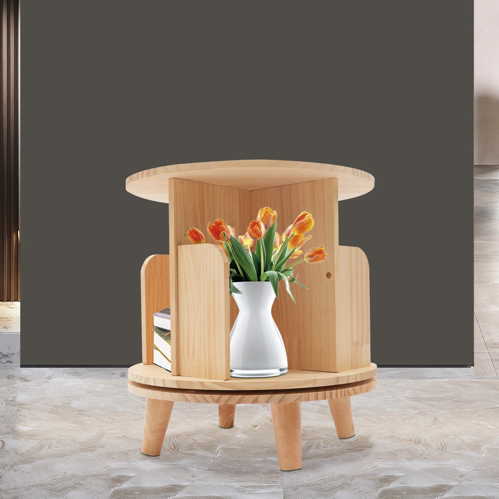 Freestanding Wooden Single-Layer Rotating Bookshelf with Legs - Single Layer, Legged Design