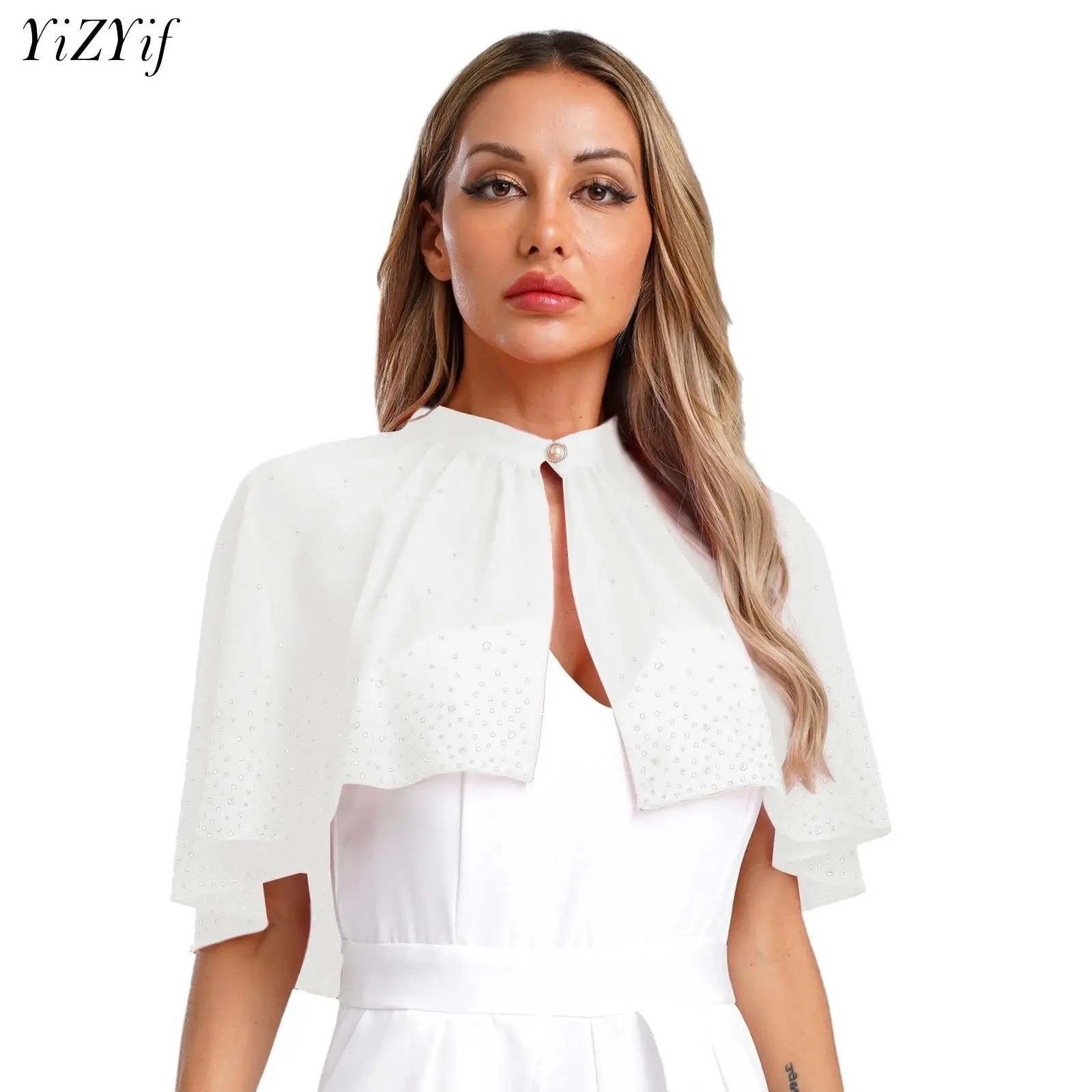 

Women Elegant Chiffon Capes Shawl Shiny Rhinestone Shrug Wraps Formal Wedding Party Bridal Evening Dress Gown Bolero Cover Up