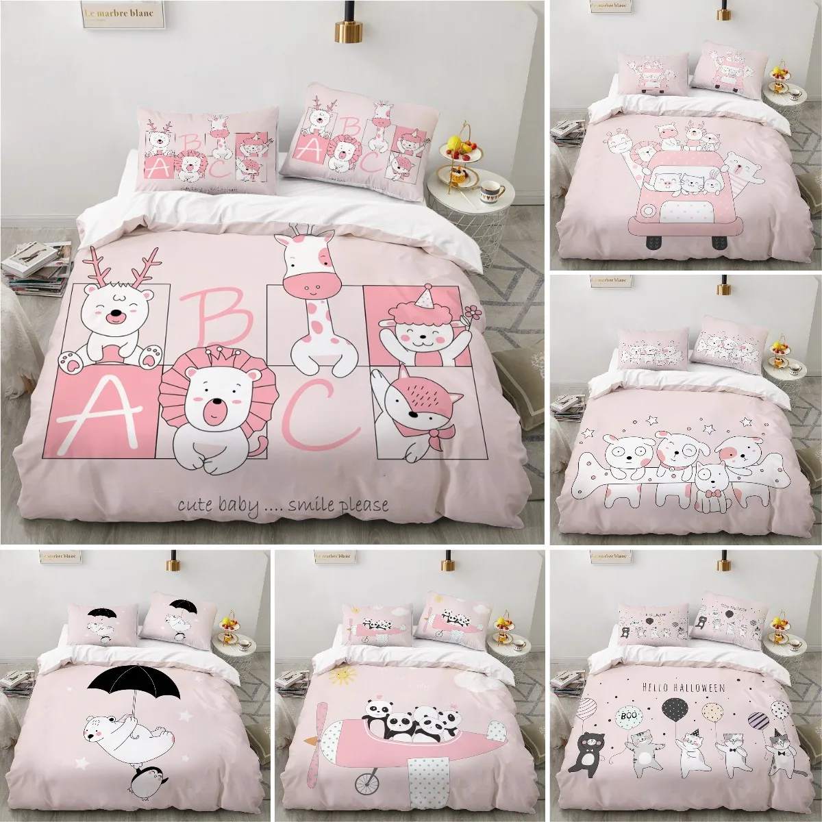 

Cartoon Animal Duvet Cover, Cute Hand Drawn Wildlife Letter Comforter Cover For Kids Girls, Pink Theme Duvet Cover