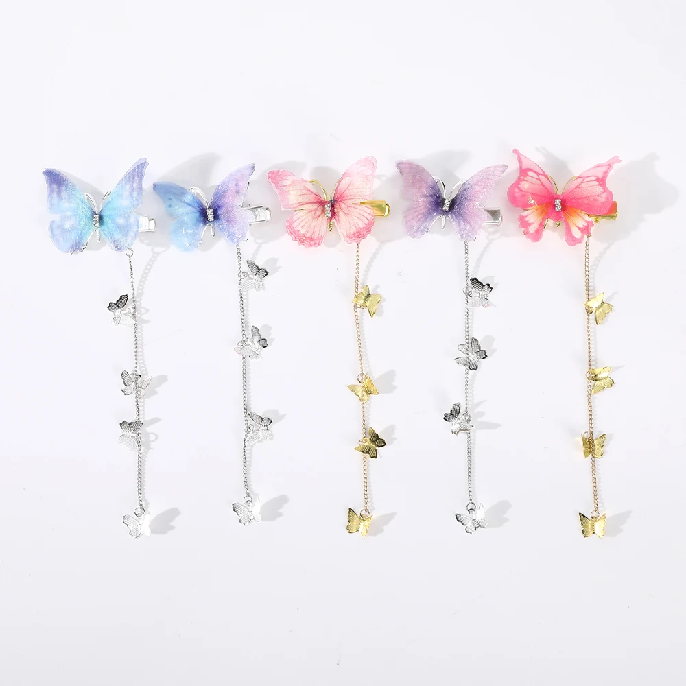 AWAYTR 1-2PCS Blue Butterfly Hairpin Metal Chain Pendant Duckbill Clips for Women Hair Accessories Rainbow Hair Clips Headpieces