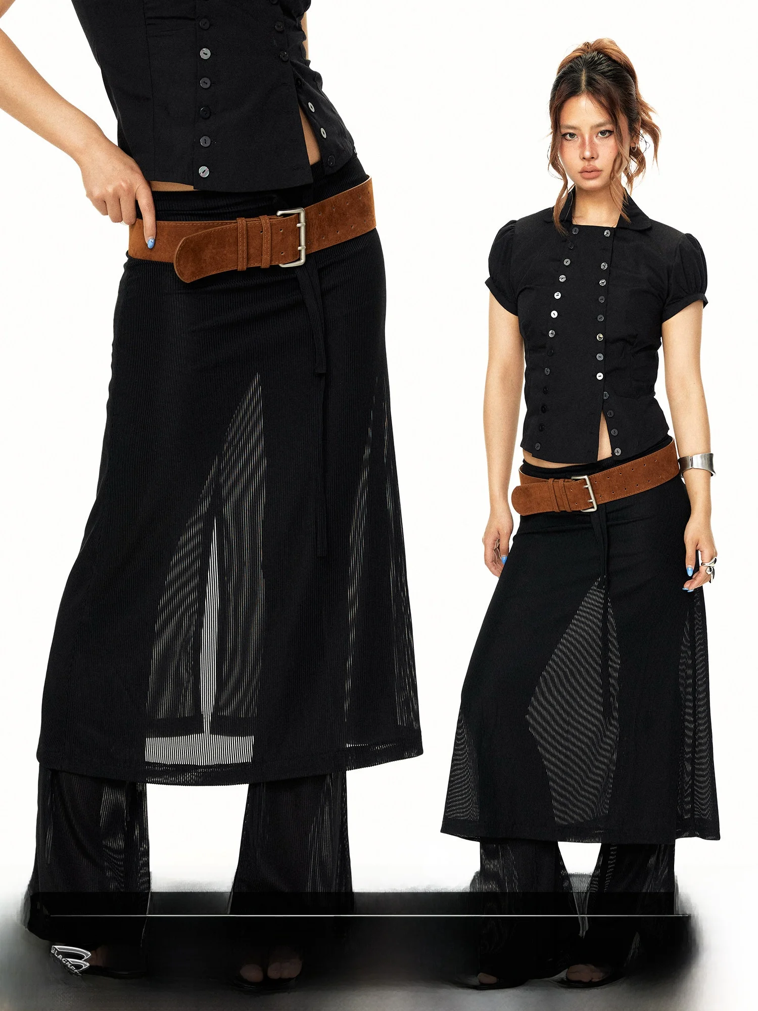 Blackbb High Waist Mesh Splice Design Women's  Skirt Summer Fake Two-Piece Drawstring Slimming Flared Pants Skirt