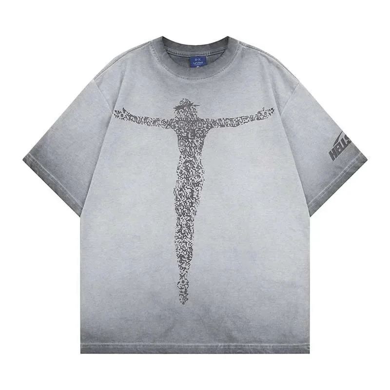 High Street Male T-shirt American Style Letter Number Print Washed Vintage Short Sleeve Tees Men's Fashion Tops DL98