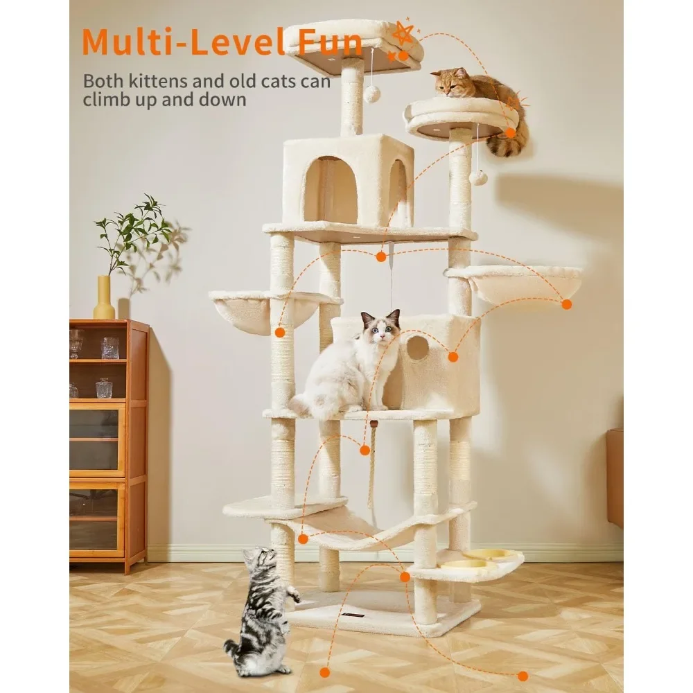 Cat Trees 66.2-Inch Cat Tower for Indoor Cats Plush Multi-Level Cat Condo with 12 Scratching Posts 2 Perches 2 Caves Hammock