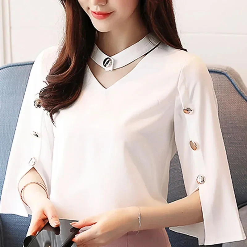 Summer Elegant White Women Blouse New Ladies Tops Casual Solid White Woman Clothes Three Quarter V-Neck 2994