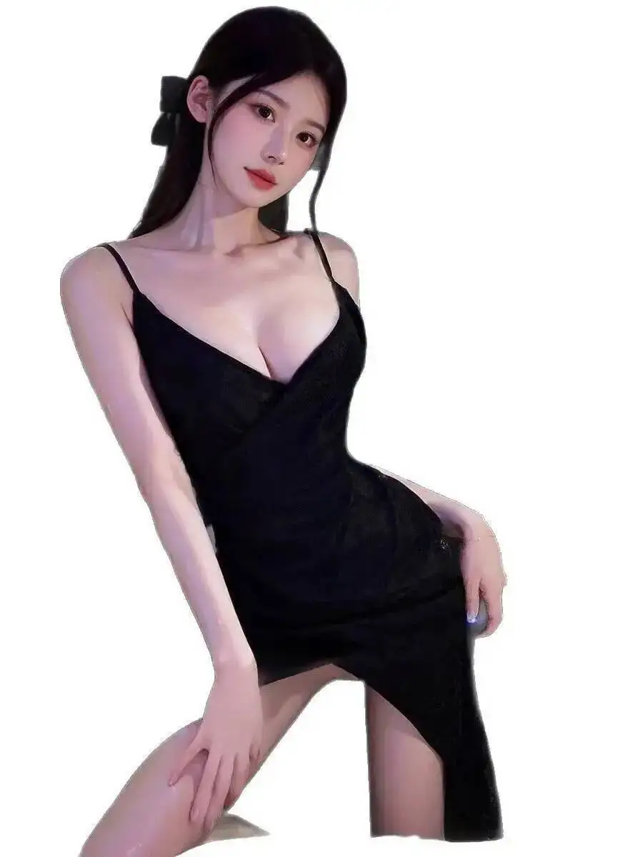 Sexy V profond paillettes fendu haut de gamme élégant couleur unie robe mince fille chaude Camisole robe charmante robe moulante pur désir BTSW