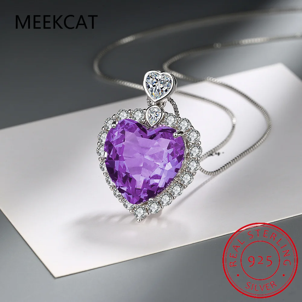 Natural Purple Amethyst 925 Sterling Silver Heart Pendant Necklace Gemstone Statement Necklace Choker Colar de Prata