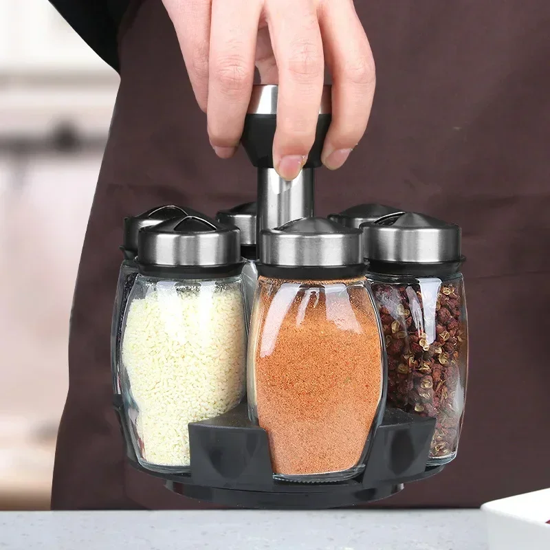 Rotating Seasoning Bottle Jar Rotating Base Gadgets Bottle 6-Pieces Set Kitchen Utensils Combination Herb Spice Tools