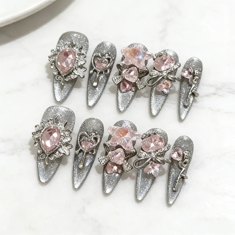 

10pcs Handmade Nails Sheer Black and Silver Cat-eye Pink Diamond Long Pointed Press-on Nails—perfect As A Gift for Girls