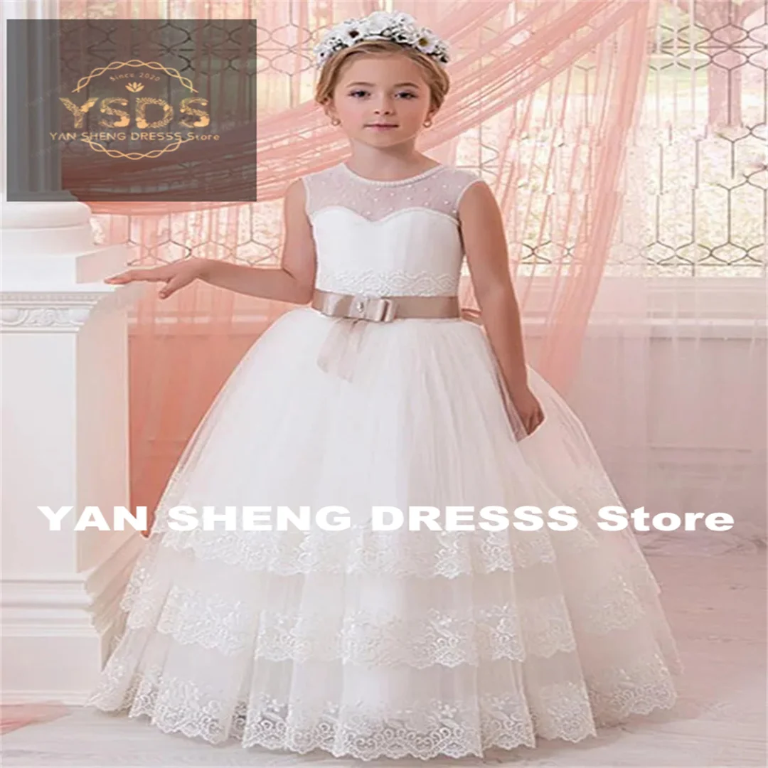 Cascading Lace Flower Girl Dresses For Weddings First Communion Dresses With Ribbons Girls Pageant Gown
