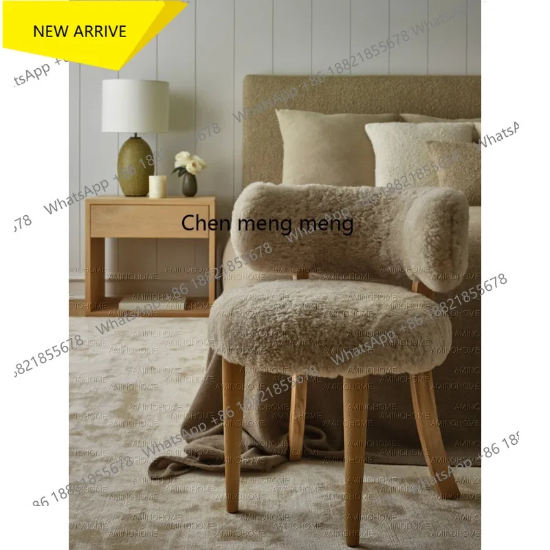 Q178 Vintage cream style makeup chair bedroom dressing stool French lamb wool solid wood dining chair