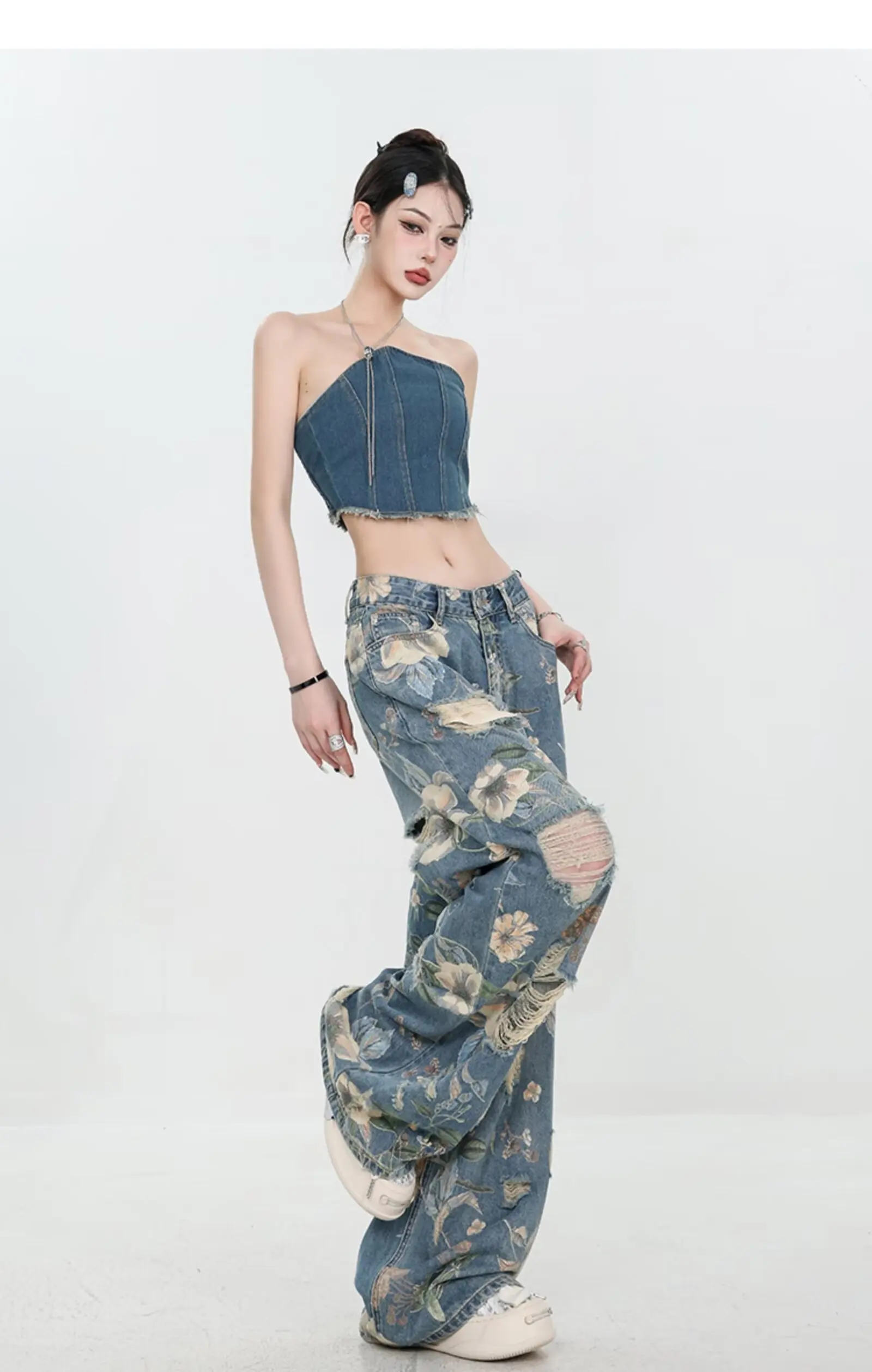 Jeans a gamba larga con fiori strappati da donna vintage estate nuovo stile vita alta elegante aderente Y2K stile Harajuku alla moda
