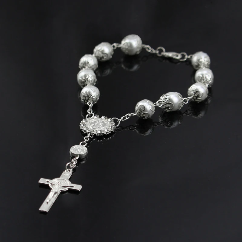 Catholic Cross Finger Chain Mini Rosary Finger Baptism Rosaries Faux Pearls Bracelet For Baptism Favors Christening