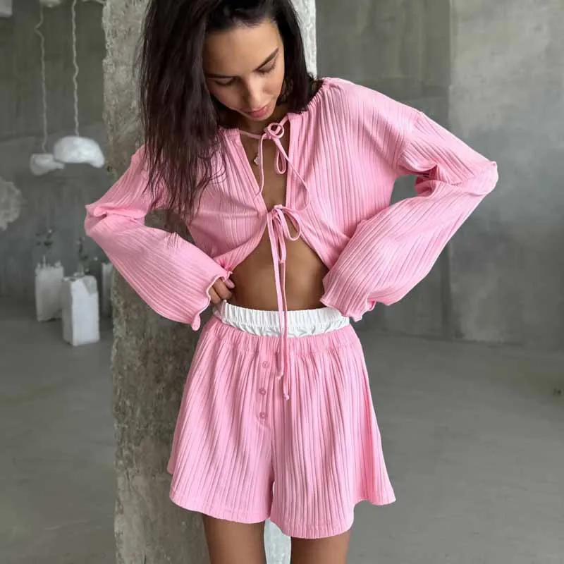 European and American Amazon Pink Striped Cardigan Pajamas Two-piece Casual Loose Long-sleeved Shorts Loungewear Suit Women