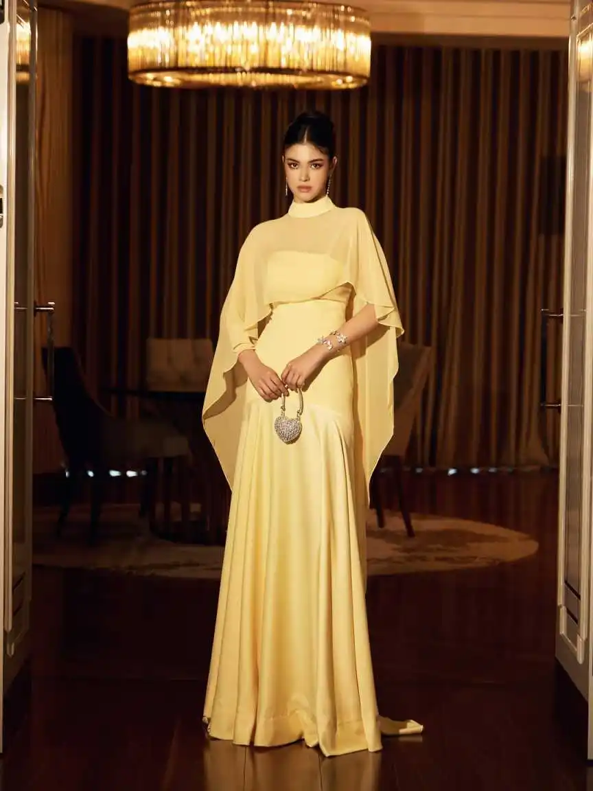 Elegant Satin Evening Dress High Neck with Cape Sleeve & Keyhole Back Design Formal Gown for Wedding & Gala Events Customized