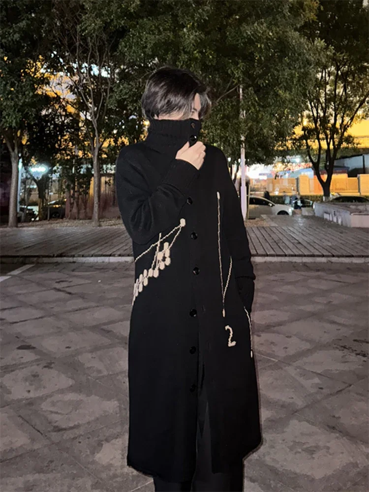 FANTASTION 音符プリント ウールブレンド カーディガン オーバーサイズ ミッドレングス コートガン ハイネック ユニセックス セーター 秋冬用