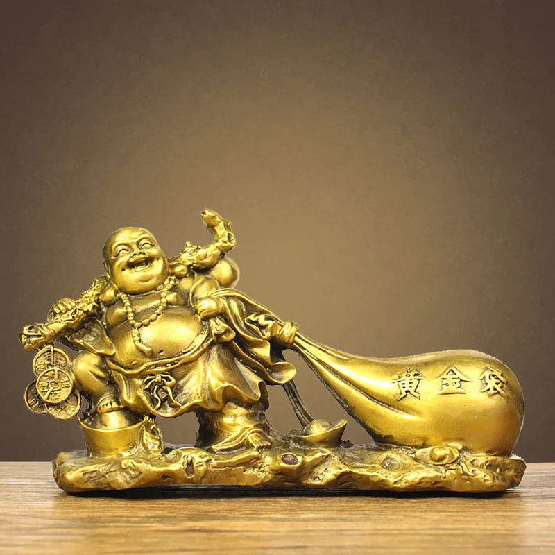 

Pure Copper, Maitreya Buddha Statue, Big Belly Laughing Buddha Ornaments, Cloth Bag Monk, Gold Bag, Lucky, Company Opening Gift