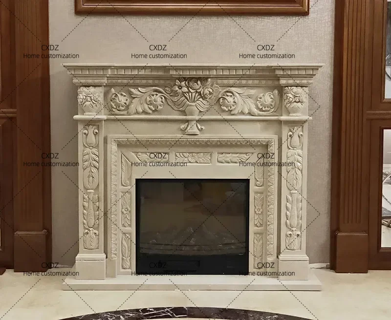 XX Marble fireplace stone carving  beige  relief decorative cabinet fireplace customization