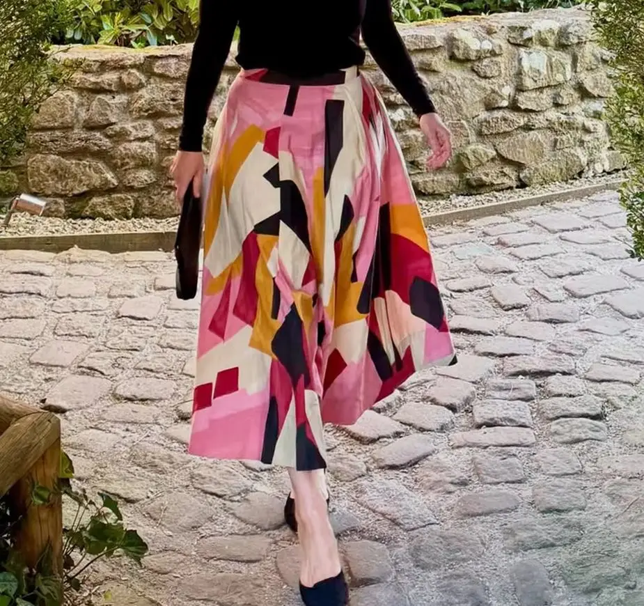 

KONDALA винтажная женская летняя повседневная юбка-миди трапециевидной формы с принтом, модная уличная одежда с геометрическим рисунком 2025 года, элегантная шикарная юбка Mujer в стиле пэчворк
