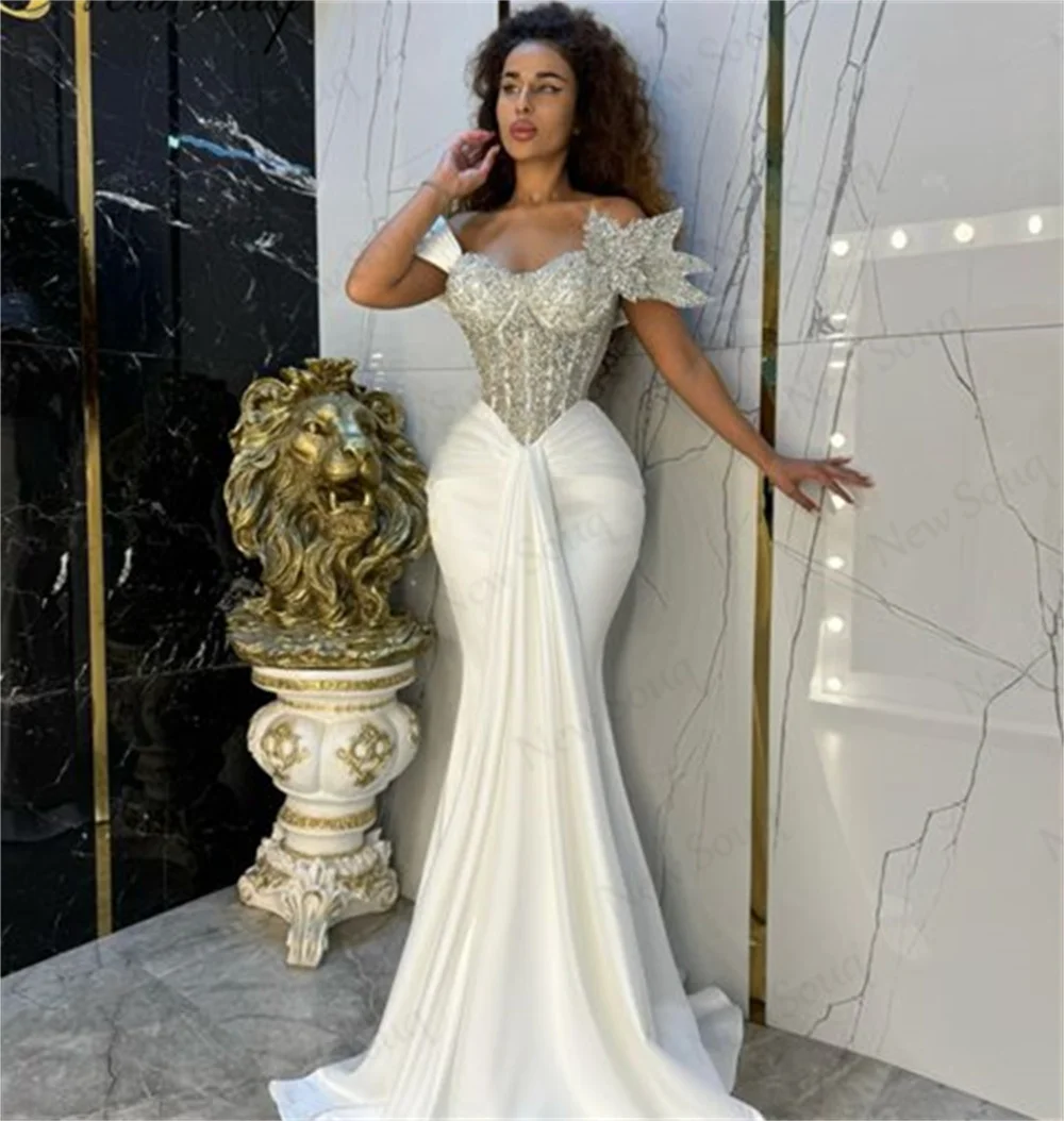 White Mermaid Evening Dresses Luxurios Off Shoulder Beaded Engagement Dress Birthday Party Dress Gowns Vestido Blanco Customized