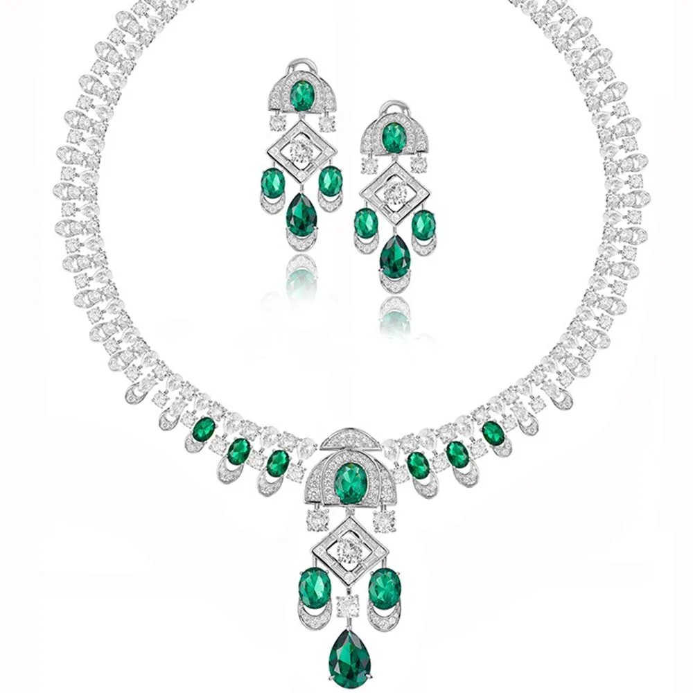 

Luxury 18K Silver Gold Plated Emerald Green Crystal Stone Zircon Tear Drop Large Earrings Necklace Wedding Jewelry Set Women