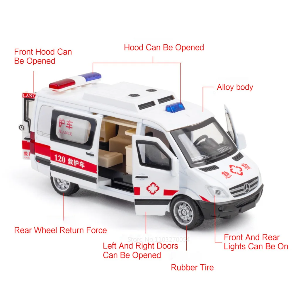 Scale 1/32 Ambulance Toys Model Car Diecast Alloy Special Police Vehicle 5 Doors Opened Sound Light Pull Back Toy Gifts for Kids