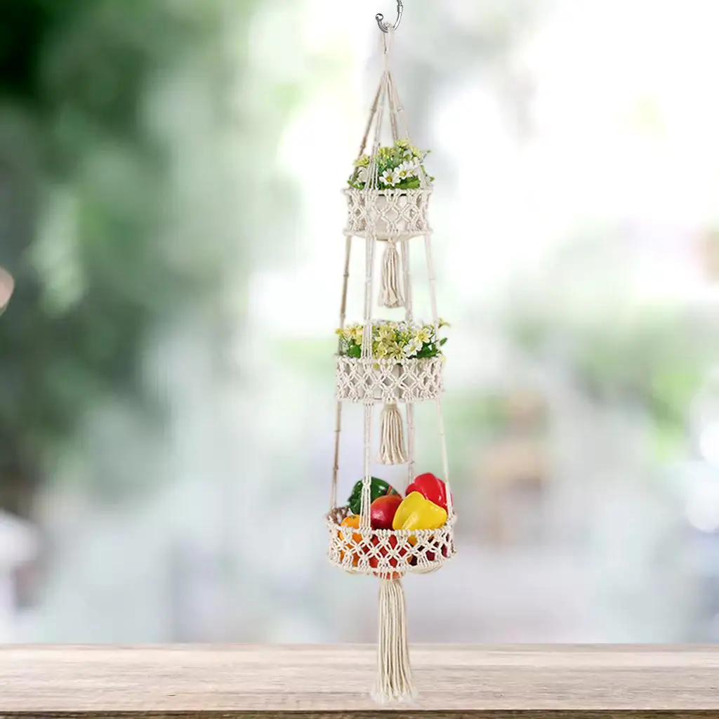 

Large Macrame 3 Tier Hanging Fruit Basket Hanging Basket Organizer for Vegetable Boho Decor Storage for Kitchen Organization