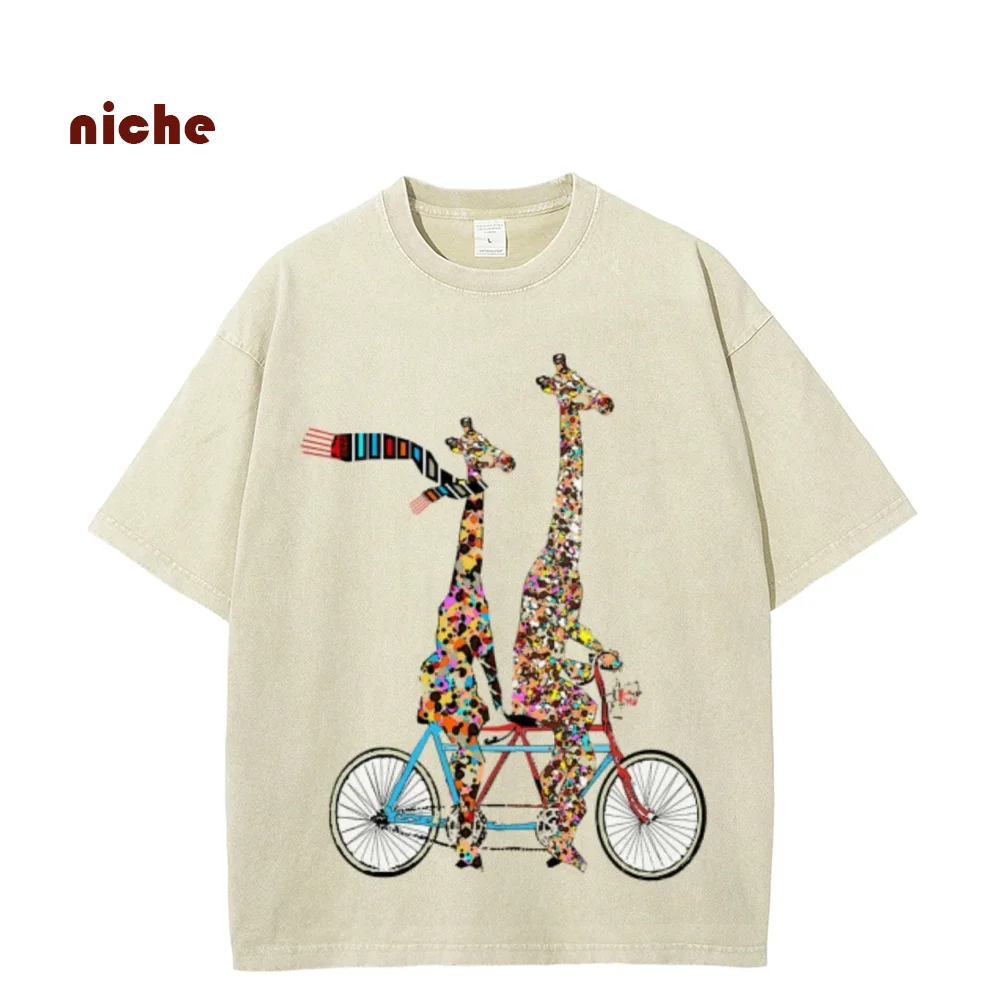 

Abstract Color Funny T-Shirt Cycling Giraffe Pure Cotton Retro Washed Top High Gram Weight Discount Trendy New Short Sleeves