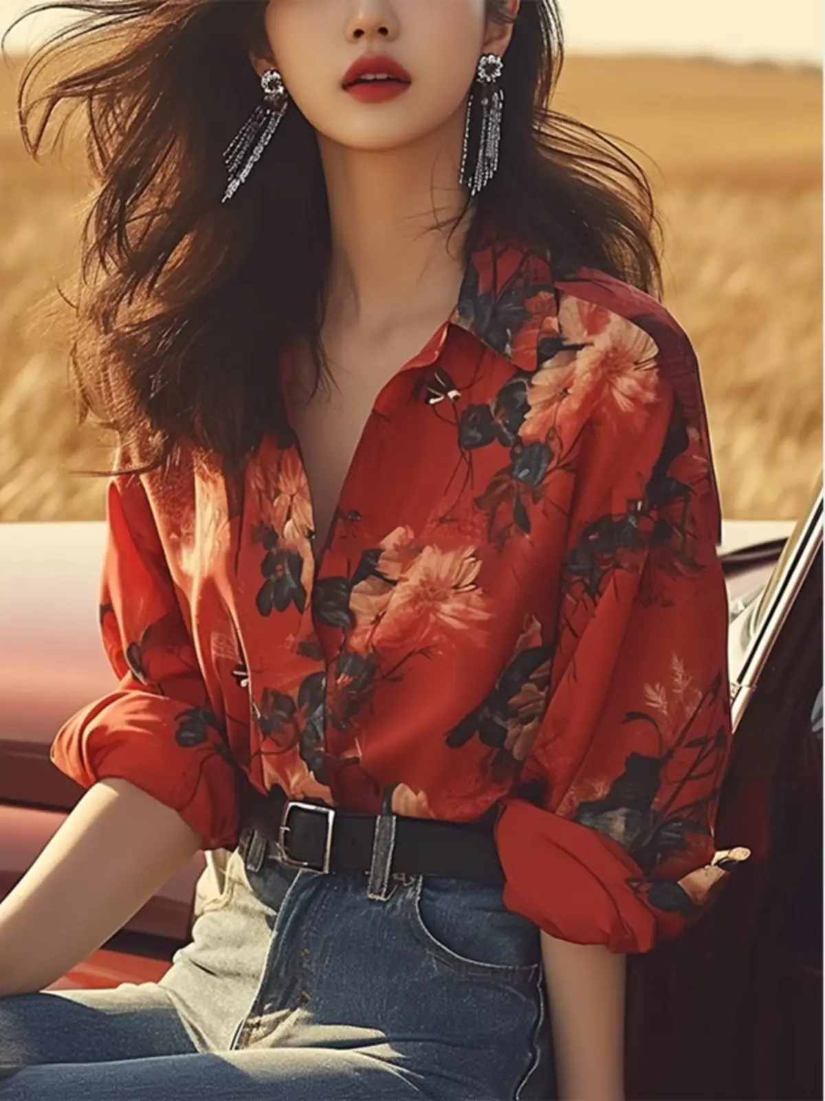 Popular Lightweight Lapel Long-sleeved Button Splicing Top 2025 New Women Autumn French Niche Design Red Printed Shirt