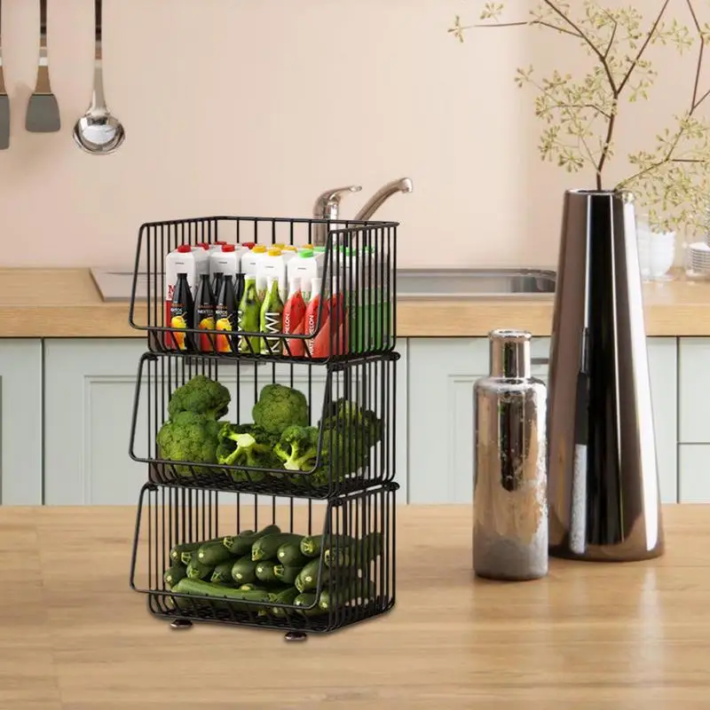 Stackable Wire Baskets Fruit Vegetable Basket Kitchen Organization and Storage Metal removable storage rack for Pantry Bathroom