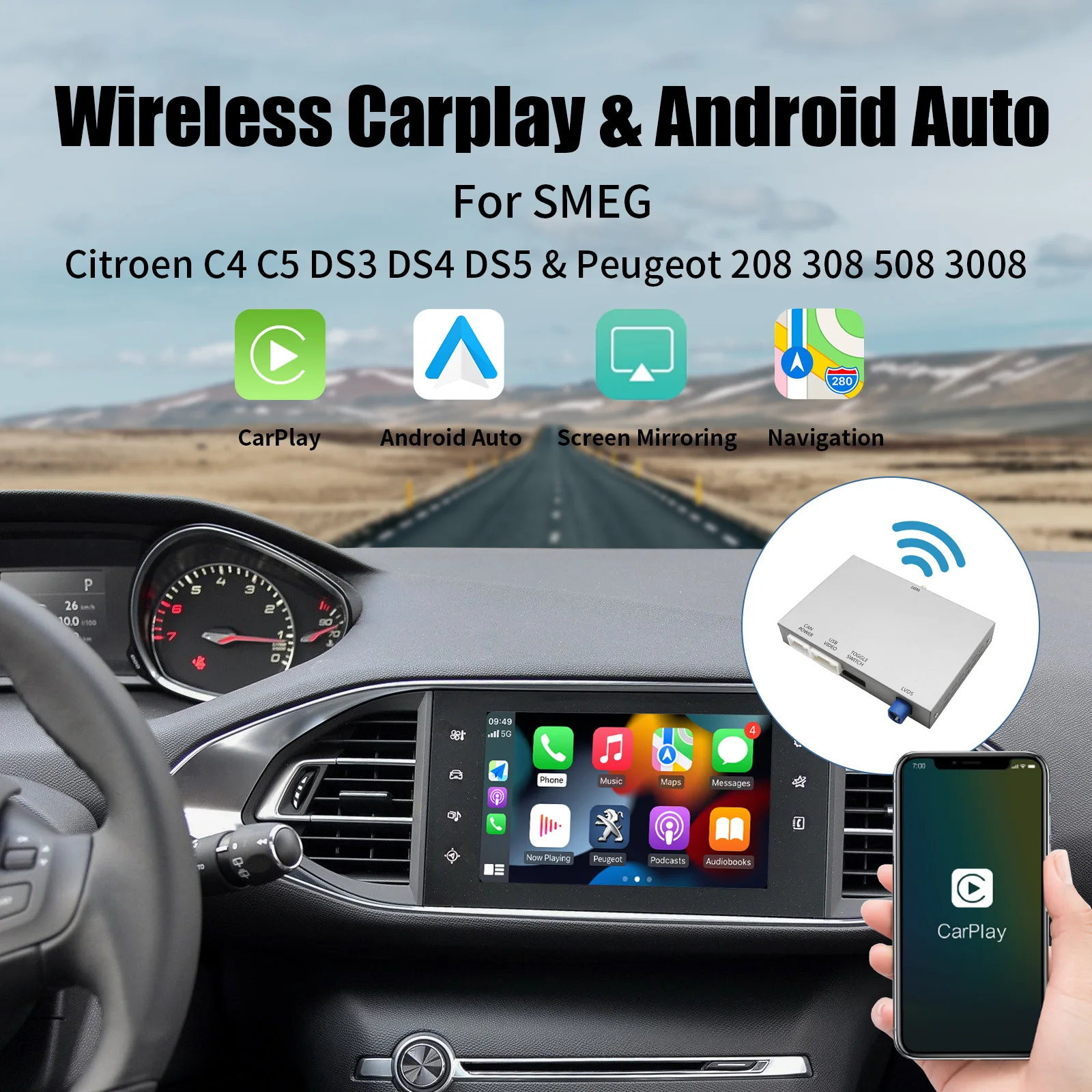 AUTOABC Wireless Carplay and Android Auto for Peugeot 208 308 508 3008 Citroën C4 DS3 DS4 DS5 SMEG NAC Multimedia Accessories