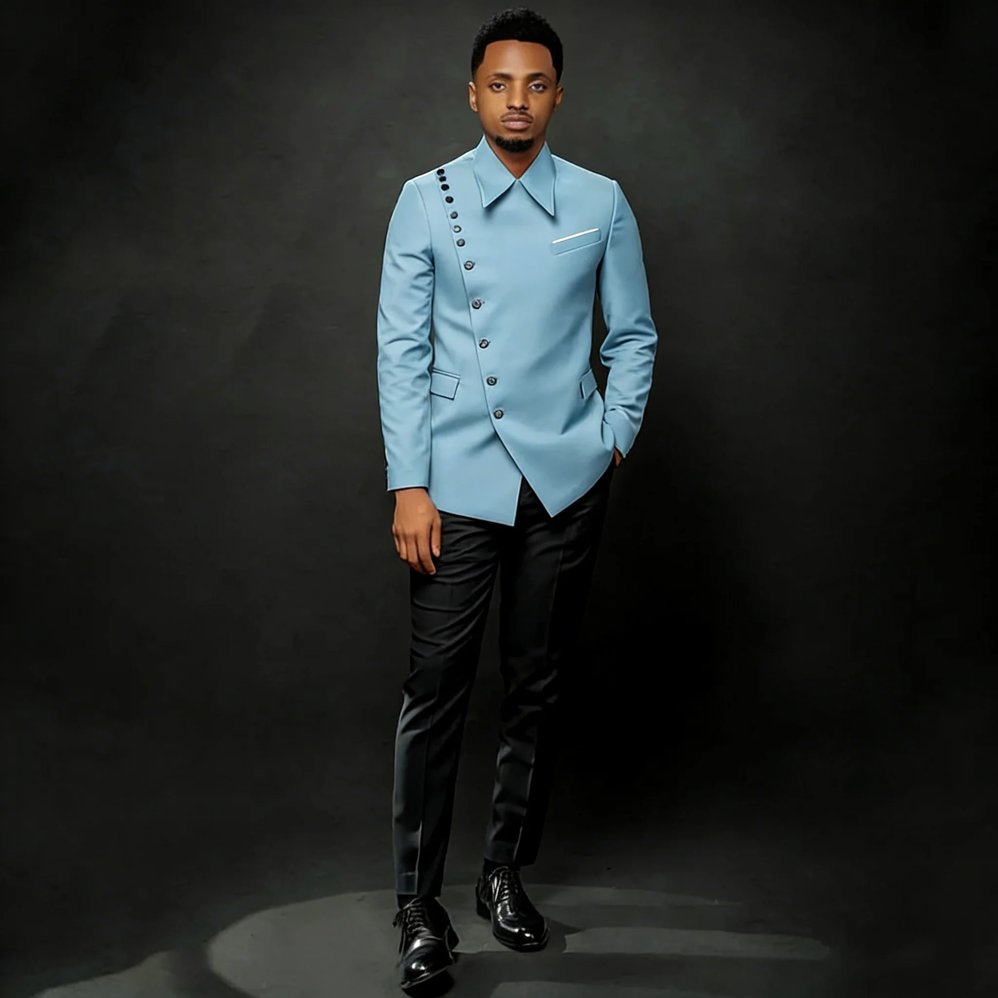 

New Stylish Men Suits 2 Pieces Light Blue Jacket Black Pants Single Breasted Smart Casual Wedding Groom Custom Male Clothing