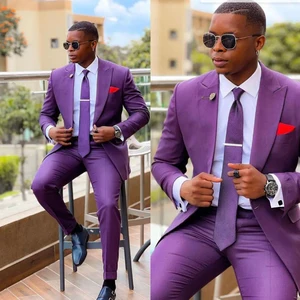 Purple Peak Lapel Men Suits Summer Chic Groom Wedding Tuxedo Slim Party Prom Formal Casual Male Suit Two Piece (Blazer+Pants)